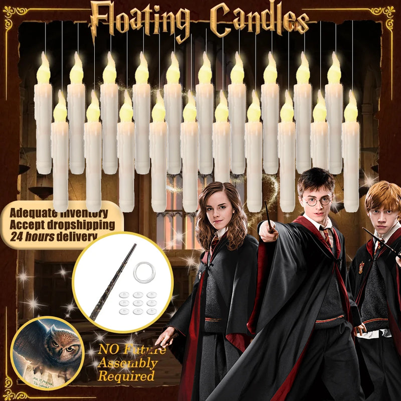 Velas flutuantes de led com varinha acendedora - decoração Harry Potter e Halloween